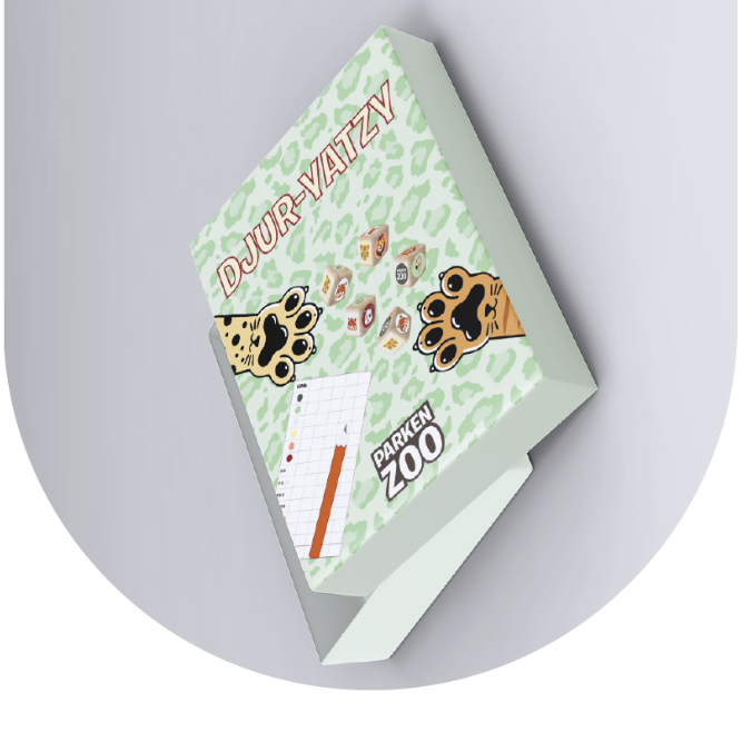 Djur-Yatzy-låda med tryck av kattassar, tärning och Parken Zoo-logga på locket